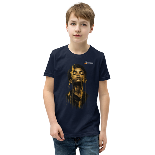 Gold Face Variant 07 Boys Youth Tee Printful shirt mockup with corrected front logo clearance
