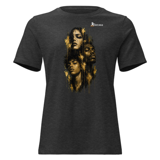 Gold Face Variant 08 Women's Relaxed Tee Printful shirt mockup with corrected front logo clearance