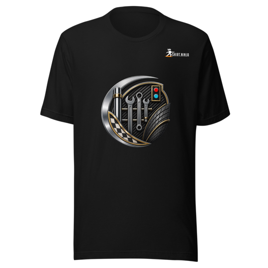 Motorsport Polish Paddock Chrome adult-unisex black tee front mockup with centered category art and Shirt Ninja patch on wearer-left upper chest