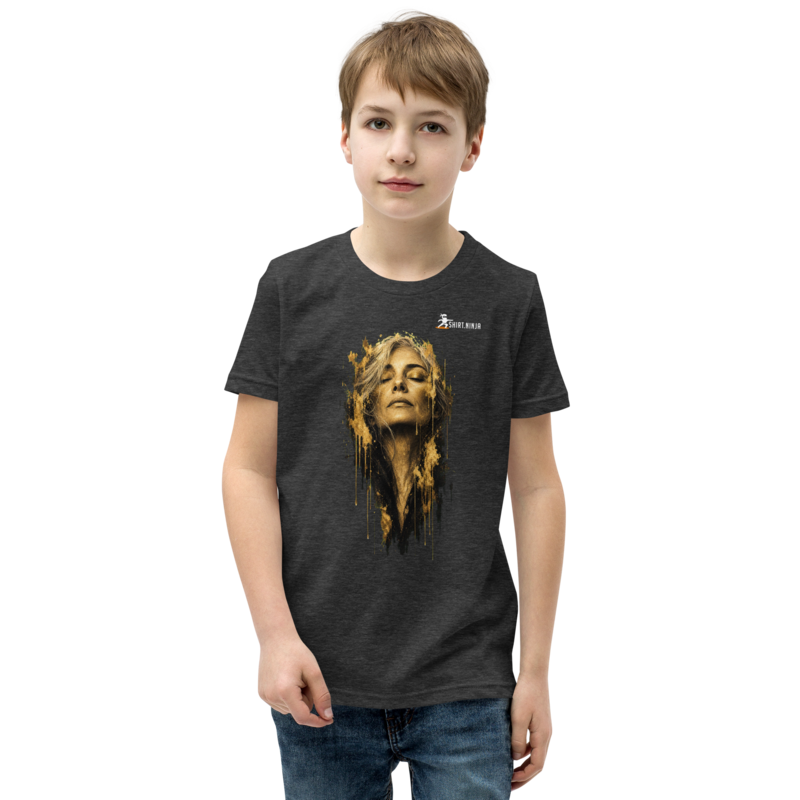 Gold Face Variant 09 Teen Staple Tee Printful shirt mockup with corrected front logo clearance