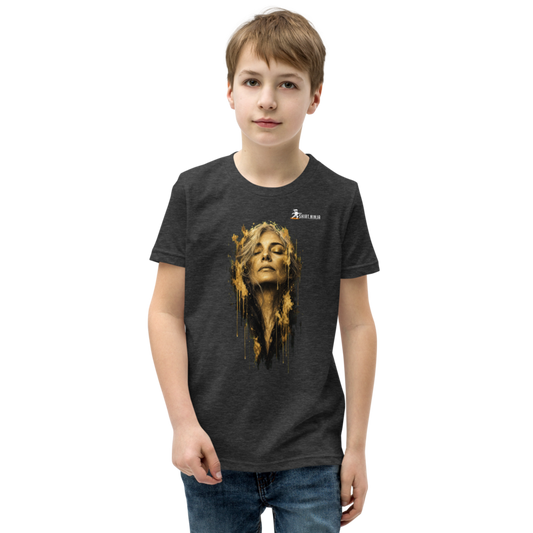 Gold Face Variant 09 Teen Staple Tee Printful shirt mockup with corrected front logo clearance