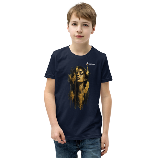Gold Face Variant 03 Teen Staple Tee Printful shirt mockup with corrected front logo clearance