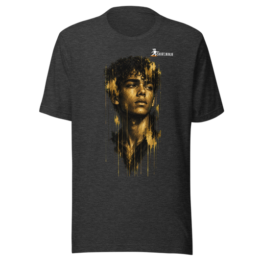 Gold Face Variant 11 Men's Staple Tee Printful shirt mockup with corrected front logo clearance