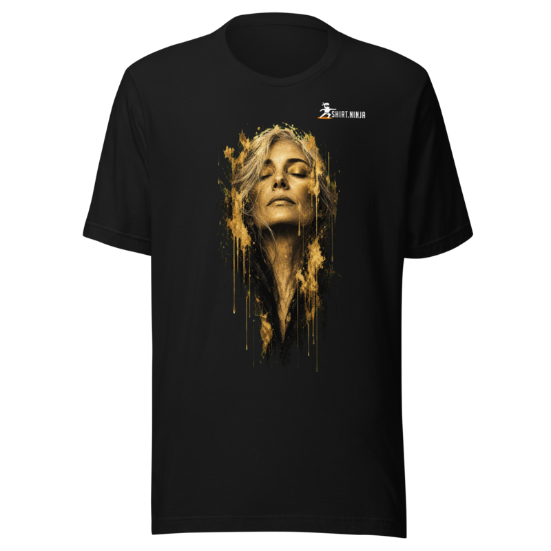 Gold Face Variant 09 Unisex Signature Tee Printful shirt mockup with corrected front logo clearance
