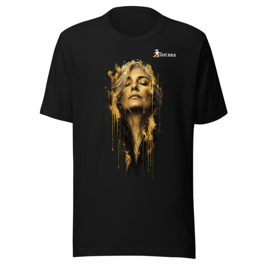 Gold Face Variant 09 Unisex Signature Tee Printful shirt mockup with corrected front logo clearance