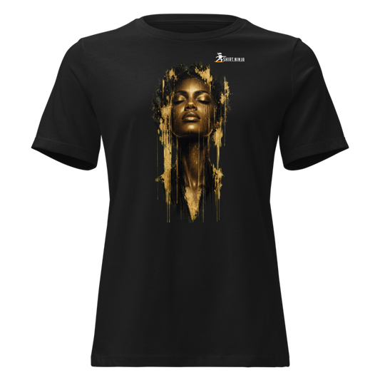 Gold Face Variant 04 Women's Relaxed Tee Printful shirt mockup with corrected front logo clearance