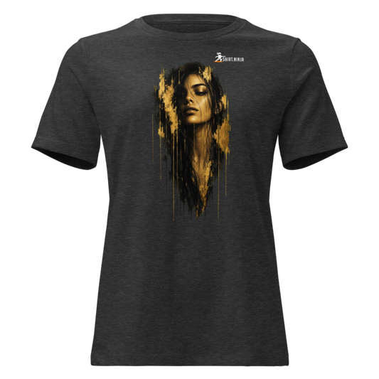 Gold Face Variant 06 Women's Relaxed Tee Printful shirt mockup with corrected front logo clearance