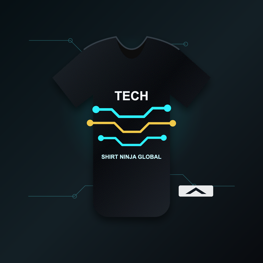 Tech Circuit Men's Staple Tee black shirt mockup with cyan circuit artwork and Shirt Ninja Global patch